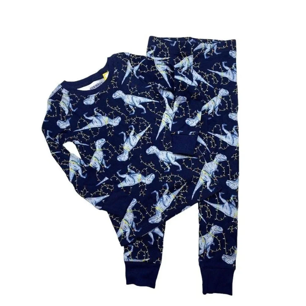 Boys Old Navy Navy Blue Snug Fit Cotton Dinosaur Holiday Lights Pajama sz 3T NEW